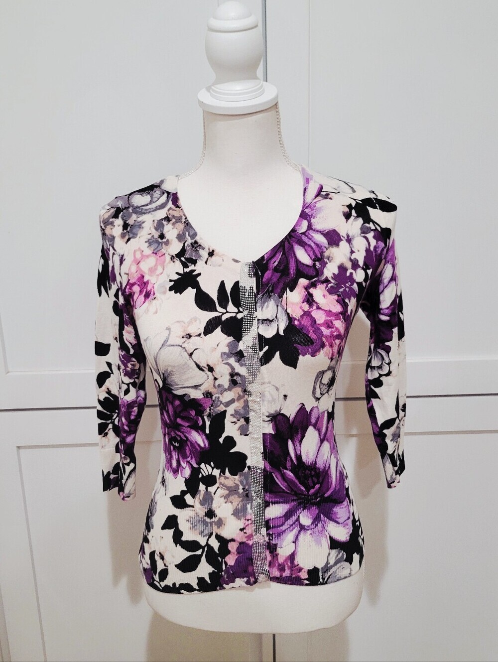 WHBM Purple, Blk & Cream Floral Print Cardigan Sweater w/Rhinestone Trim | XS